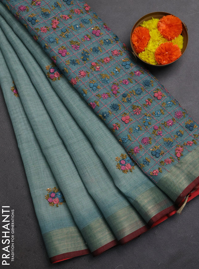Linen Cotton Saree pastel blue and maroon with embroidery buttas and embroidery pallu