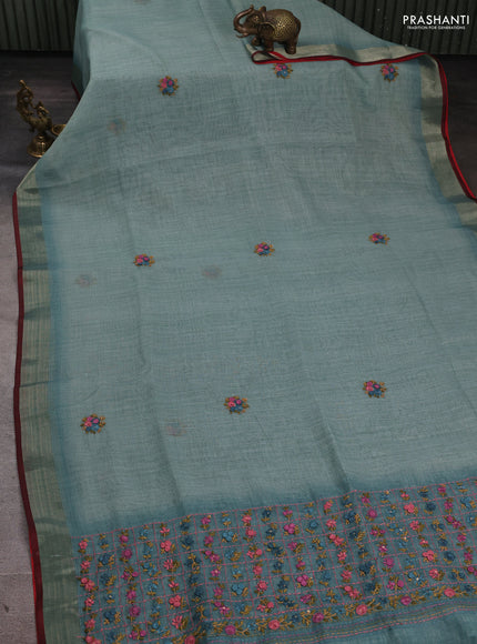 Linen Cotton Saree pastel blue and maroon with embroidery buttas and embroidery pallu