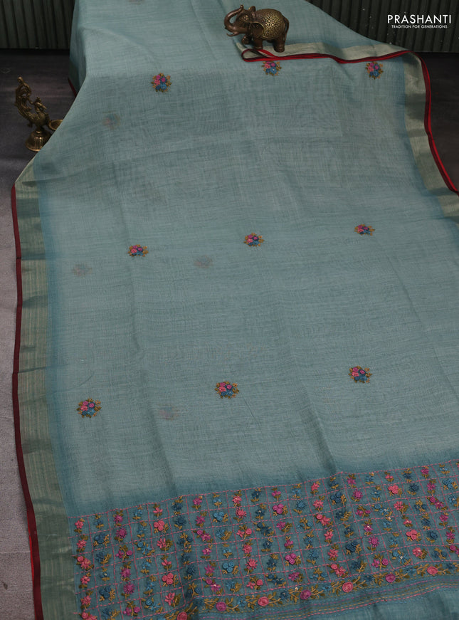 Linen Cotton Saree pastel blue and maroon with embroidery buttas and embroidery pallu