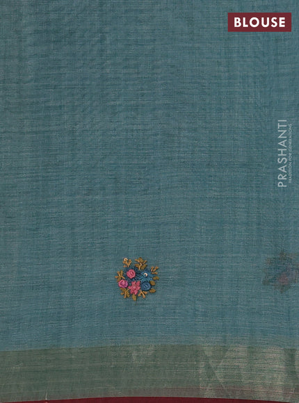 Linen Cotton Saree pastel blue and maroon with embroidery buttas and embroidery pallu