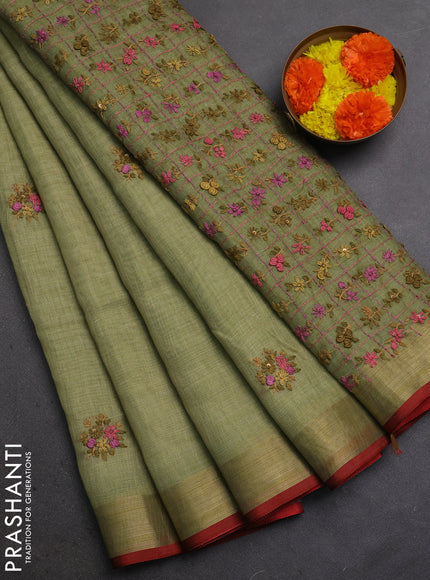 Linen Cotton Saree light green and maroon with embroidery buttas and embroidery pallu