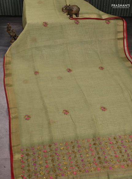 Linen Cotton Saree light green and maroon with embroidery buttas and embroidery pallu