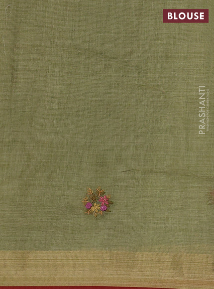 Linen Cotton Saree light green and maroon with embroidery buttas and embroidery pallu