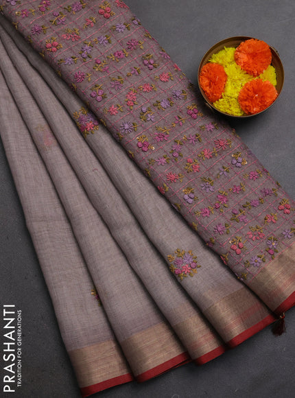 Linen Cotton Saree grey shade and maroon with embroidery buttas and embroidery pallu