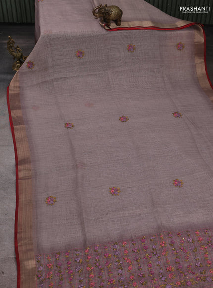 Linen Cotton Saree grey shade and maroon with embroidery buttas and embroidery pallu