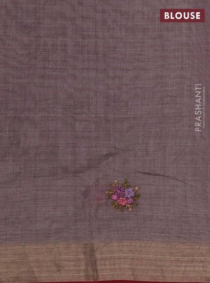 Linen Cotton Saree grey shade and maroon with embroidery buttas and embroidery pallu