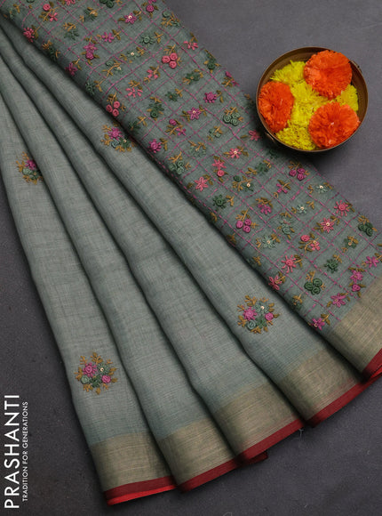 Linen Cotton Saree pastel green shade and maroon with embroidery buttas and embroidery pallu