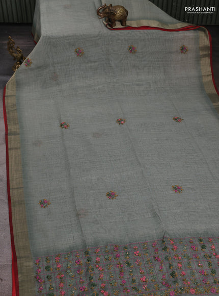 Linen Cotton Saree pastel green shade and maroon with embroidery buttas and embroidery pallu