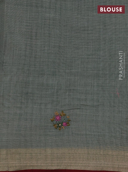 Linen Cotton Saree pastel green shade and maroon with embroidery buttas and embroidery pallu