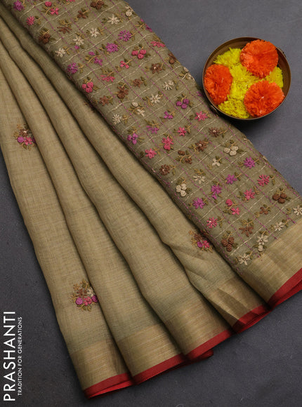 Linen Cotton Saree elaichi green with embroidery buttas and embroidery pallu