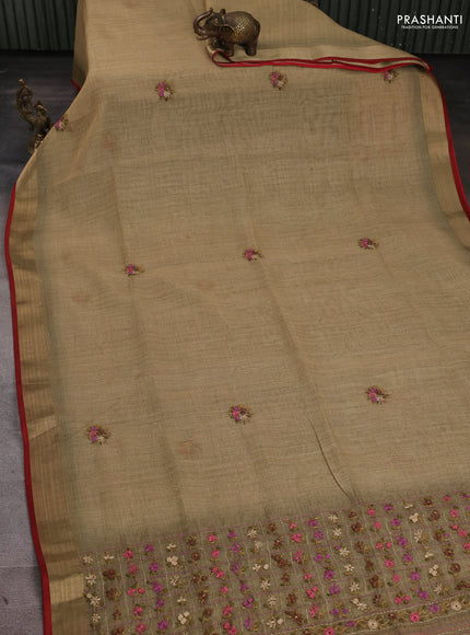 Linen Cotton Saree elaichi green with embroidery buttas and embroidery pallu