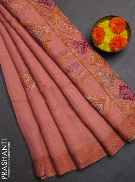 Linen Cotton Saree peach with embroidery buttas and embroidery pallu