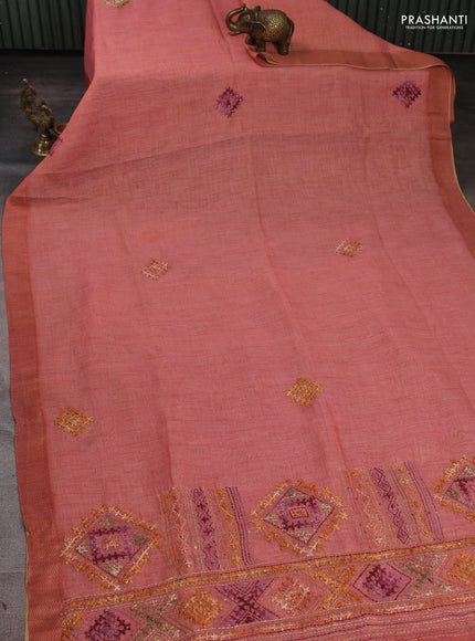 Linen Cotton Saree peach with embroidery buttas and embroidery pallu