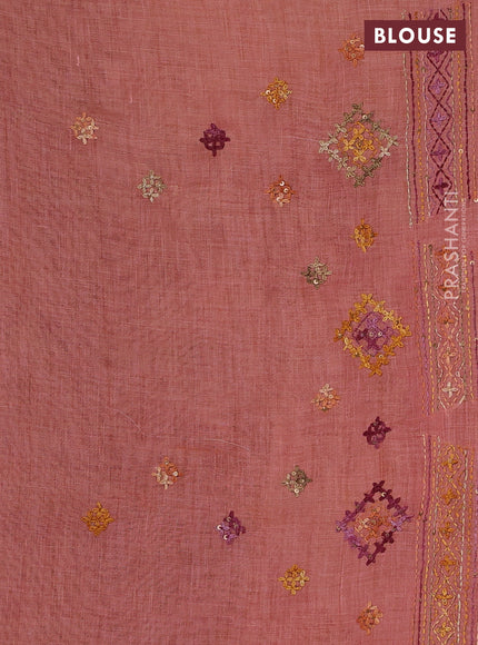 Linen Cotton Saree peach with embroidery buttas and embroidery pallu