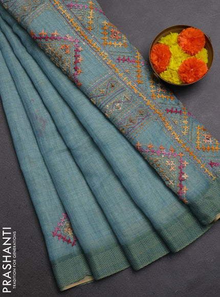 Linen Cotton Saree pastel blue with embroidery buttas and embroidery pallu