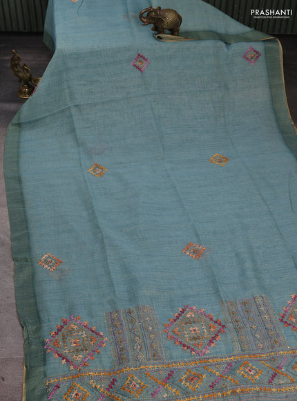 Linen Cotton Saree pastel blue with embroidery buttas and embroidery pallu