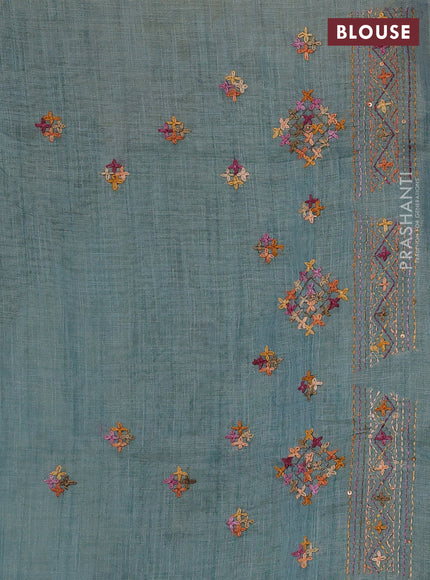 Linen Cotton Saree pastel blue with embroidery buttas and embroidery pallu