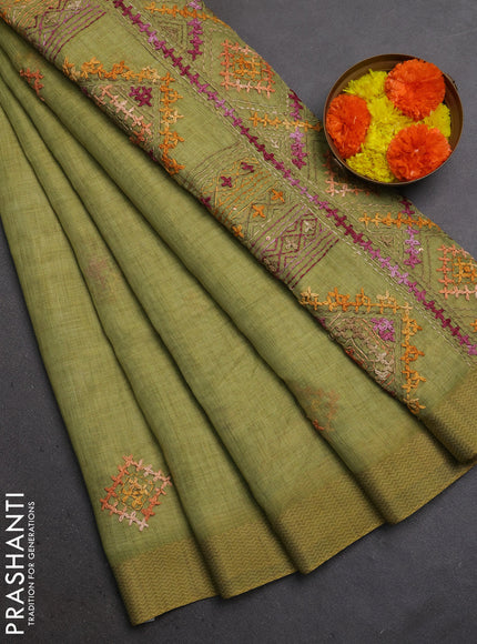 Linen Cotton Saree light green with embroidery buttas and embroidery pallu