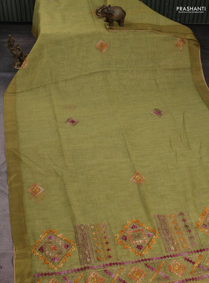 Linen Cotton Saree light green with embroidery buttas and embroidery pallu