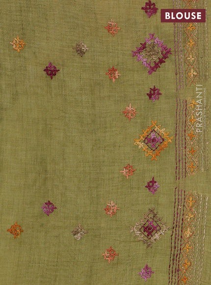 Linen Cotton Saree light green with embroidery buttas and embroidery pallu