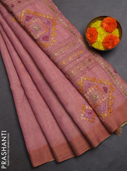 Linen Cotton Saree peach pink with embroidery buttas and embroidery pallu