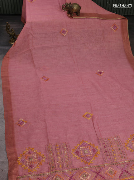 Linen Cotton Saree peach pink with embroidery buttas and embroidery pallu