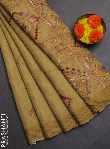 Linen Cotton Saree mustard yellow with embroidery buttas and embroidery pallu