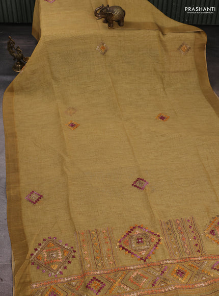 Linen Cotton Saree mustard yellow with embroidery buttas and embroidery pallu