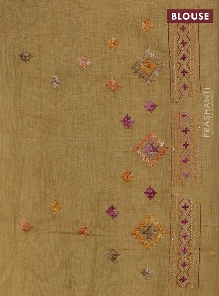 Linen Cotton Saree mustard yellow with embroidery buttas and embroidery pallu