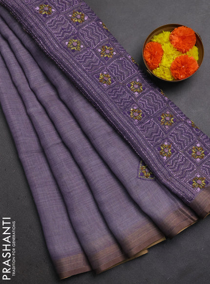 Linen Cotton Saree lavender with embroidery buttas and embroidery pallu