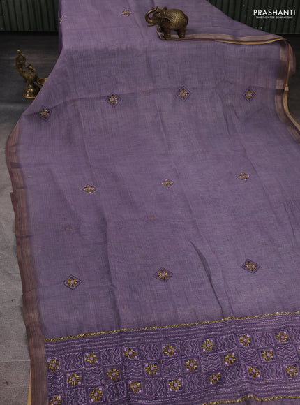 Linen Cotton Saree lavender with embroidery buttas and embroidery pallu
