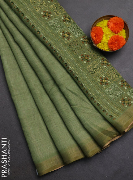 Linen Cotton Saree green with embroidery buttas and embroidery pallu