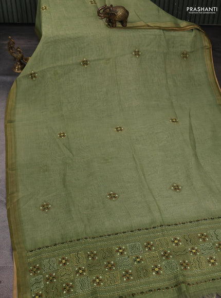 Linen Cotton Saree green with embroidery buttas and embroidery pallu