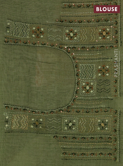 Linen Cotton Saree green with embroidery buttas and embroidery pallu