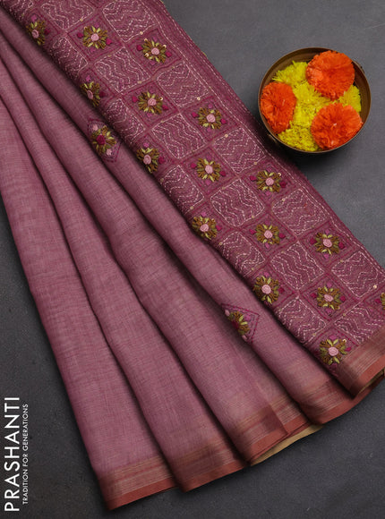 Linen Cotton Saree pastel pink with embroidery buttas and embroidery pallu