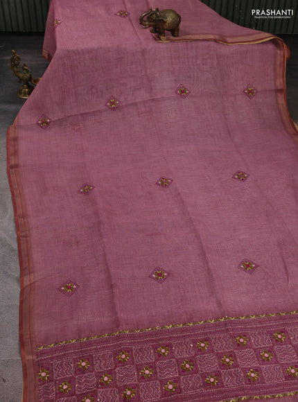 Linen Cotton Saree pastel pink with embroidery buttas and embroidery pallu