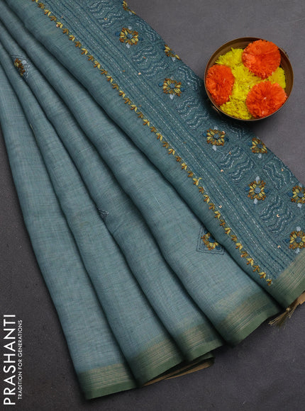 Linen Cotton Saree pastel blue with embroidery buttas and embroidery pallu