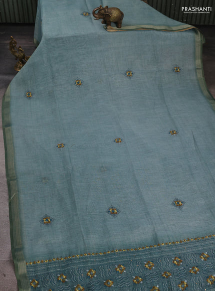 Linen Cotton Saree pastel blue with embroidery buttas and embroidery pallu