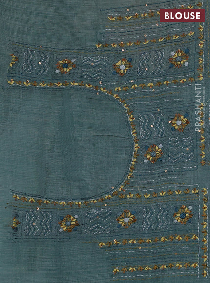 Linen Cotton Saree pastel blue with embroidery buttas and embroidery pallu