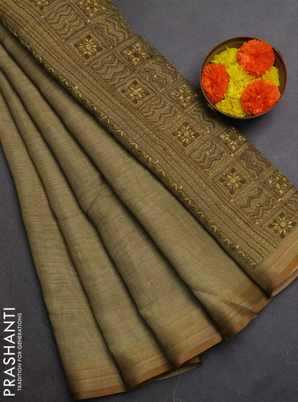 Linen Cotton Saree elaichi green with embroidery buttas and embroidery pallu
