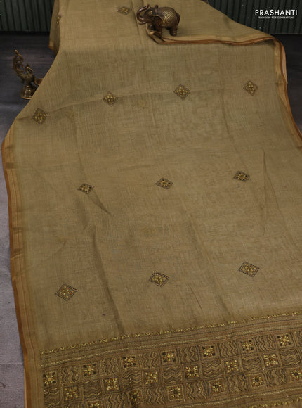 Linen Cotton Saree elaichi green with embroidery buttas and embroidery pallu