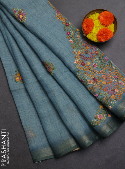 Linen Cotton Saree pastel blue with embroidery buttas and embroidery pallu