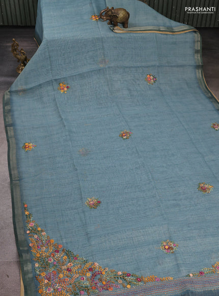 Linen Cotton Saree pastel blue with embroidery buttas and embroidery pallu