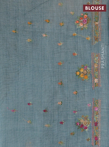 Linen Cotton Saree pastel blue with embroidery buttas and embroidery pallu