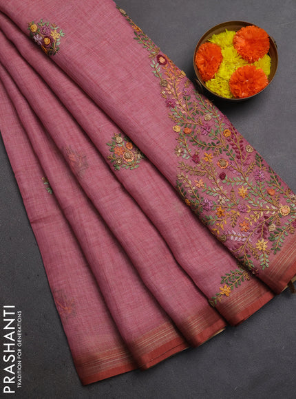 Linen Cotton Saree light pink with embroidery buttas and embroidery pallu
