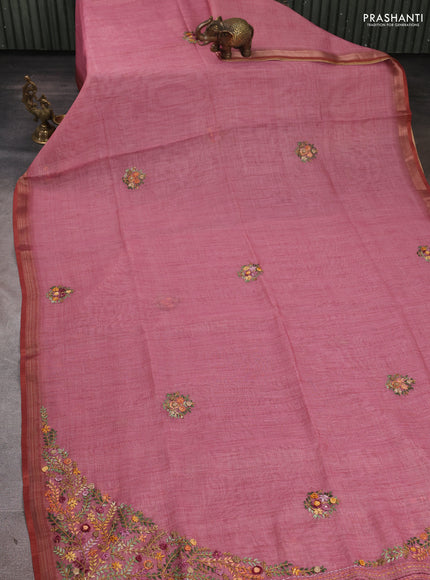 Linen Cotton Saree light pink with embroidery buttas and embroidery pallu