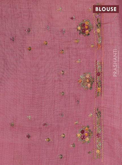 Linen Cotton Saree light pink with embroidery buttas and embroidery pallu