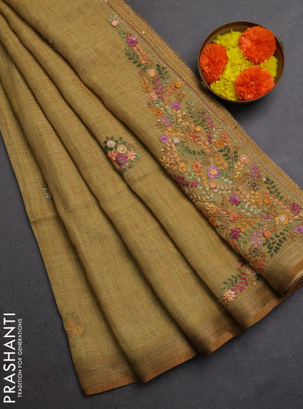 Linen Cotton Saree mustard yellow with embroidery buttas and embroidery pallu