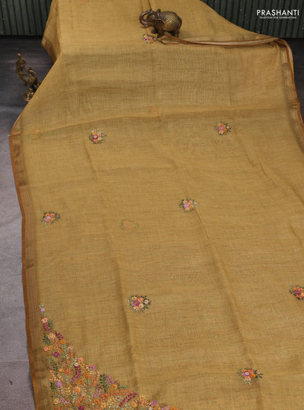 Linen Cotton Saree mustard yellow with embroidery buttas and embroidery pallu