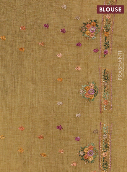 Linen Cotton Saree mustard yellow with embroidery buttas and embroidery pallu